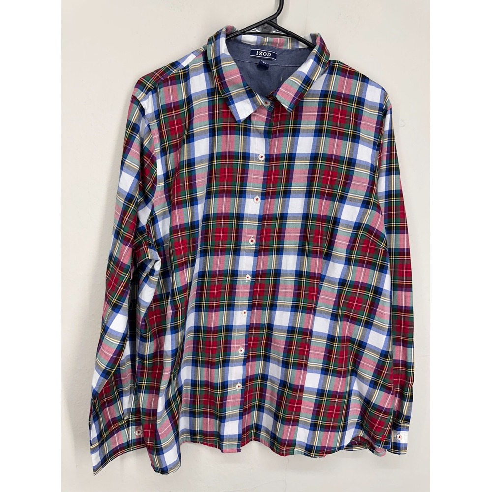 IZOD Shirt Top Womens XXL Multicolor Plaid Long Sleeve Outdoor Casual Button Up